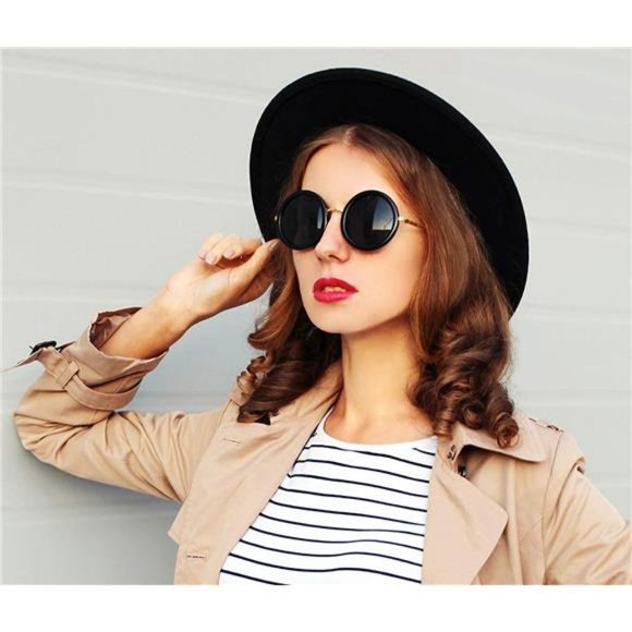 Lanzom Womens Classic Wide Brim Floppy Panama Hat Belt Buckle Wool Fedora Hat main image 4